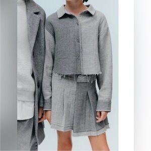 Zara Light Gray Textured Jacket and skirt set